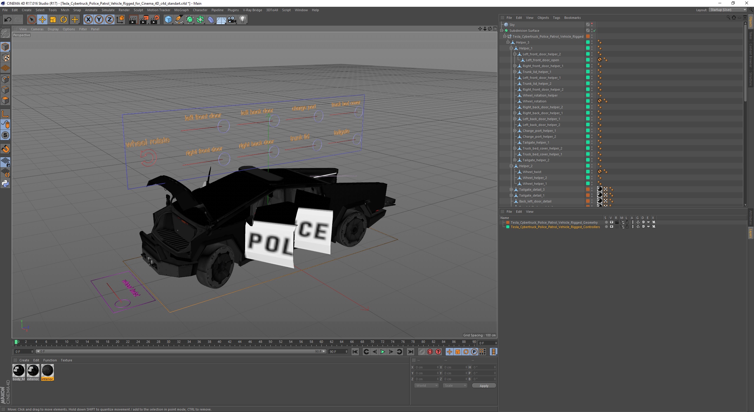 Tesla Cybertruck Police Patrol Vehicle Rigged for Cinema 4D 3D model