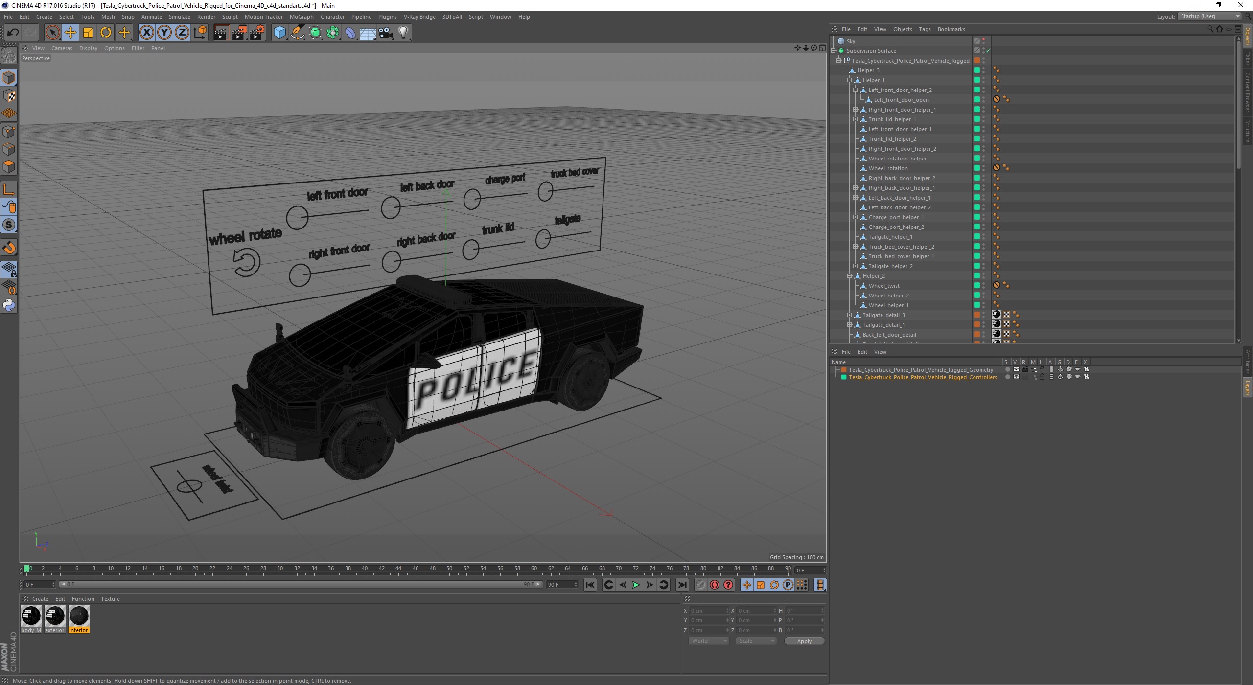 Tesla Cybertruck Police Patrol Vehicle Rigged for Cinema 4D 3D model