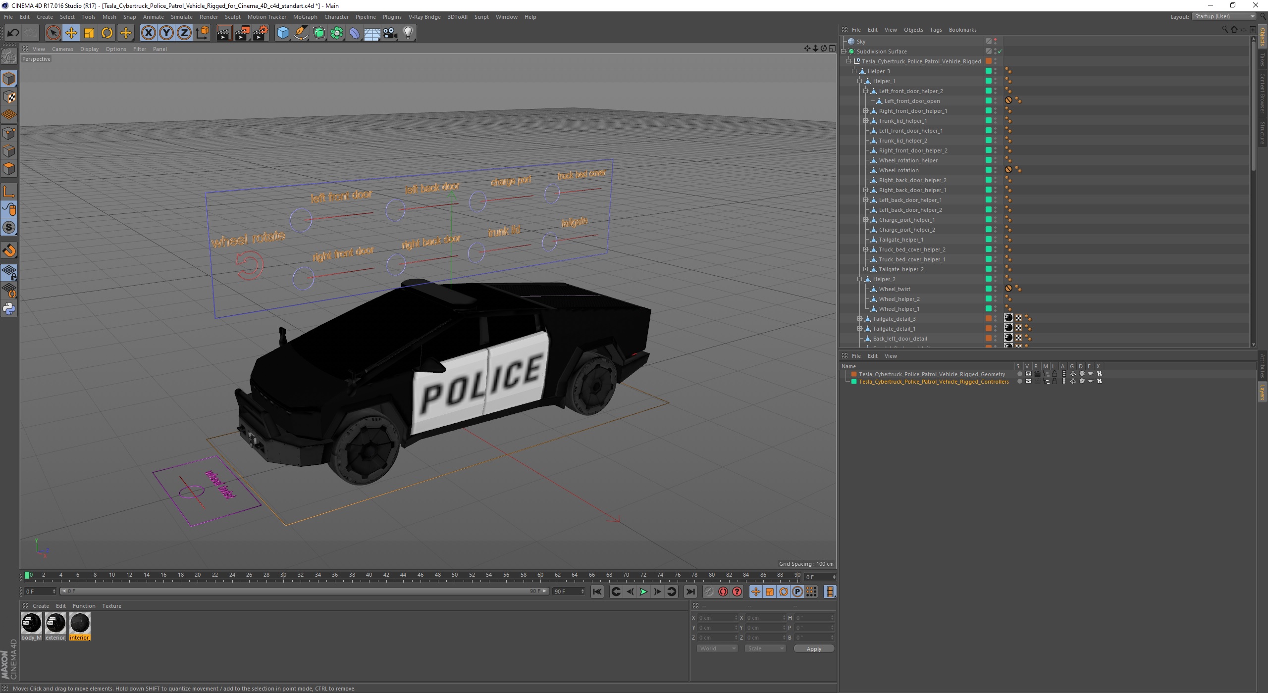 Tesla Cybertruck Police Patrol Vehicle Rigged for Cinema 4D 3D model