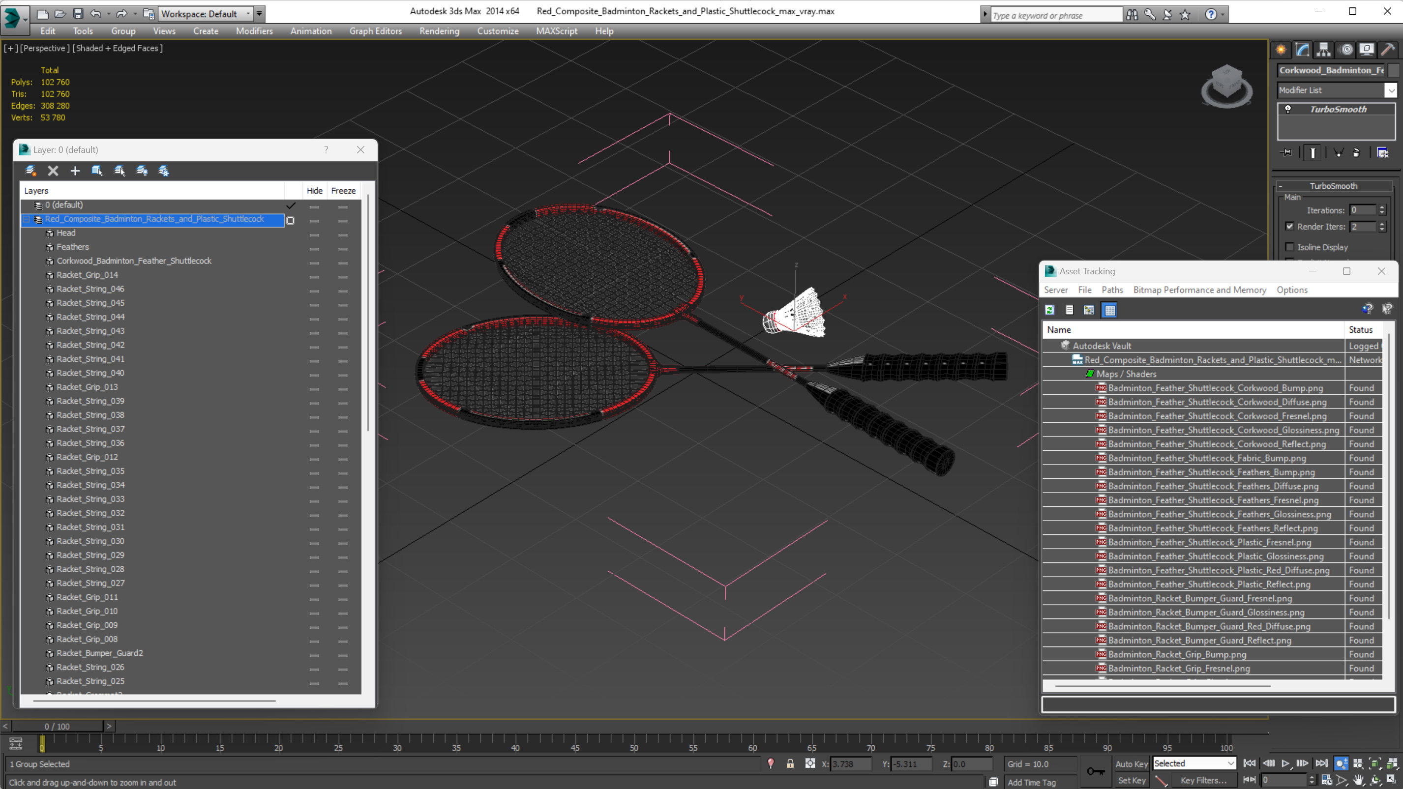 3D model Red Composite Badminton Rackets and Plastic Shuttlecock
