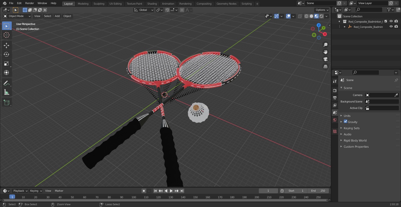 3D model Red Composite Badminton Rackets and Plastic Shuttlecock
