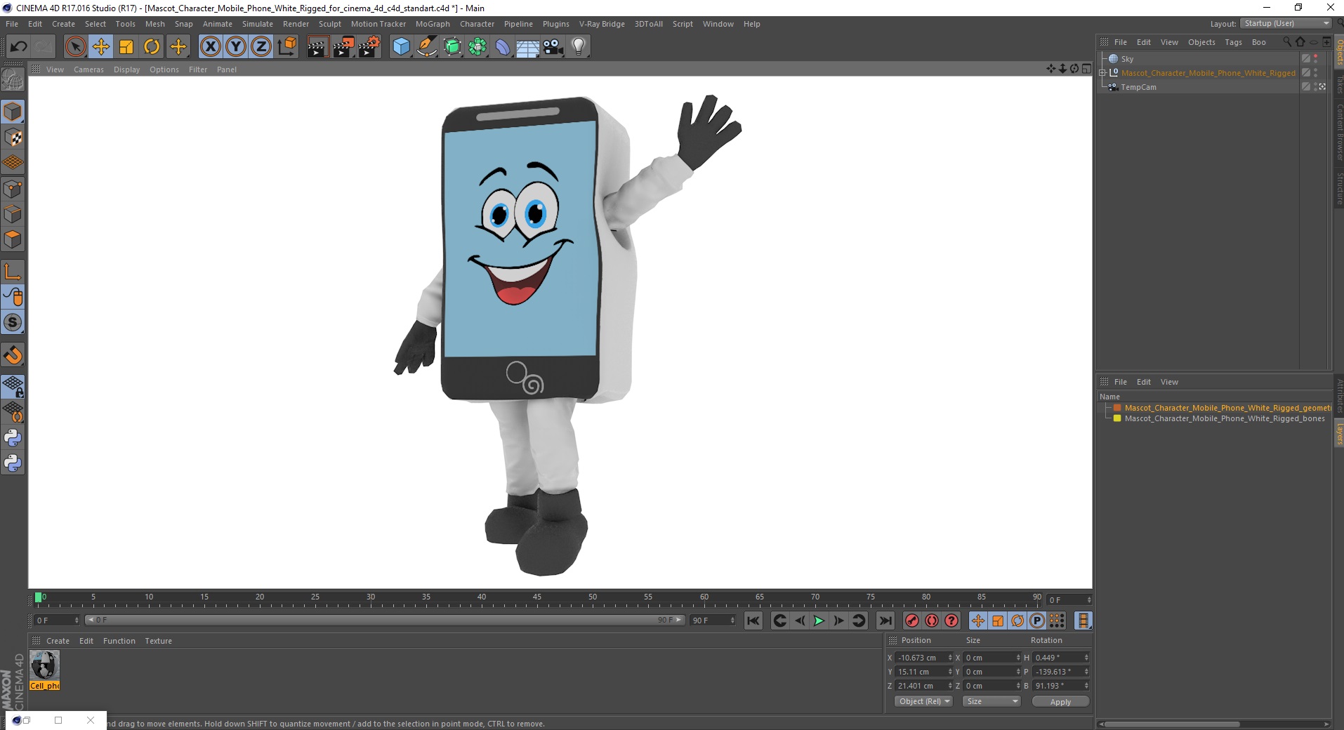 3D Mascot Character Mobile Phone White Rigged for Cinema 4D