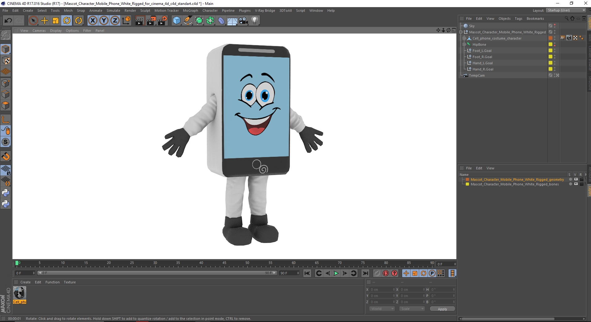 3D Mascot Character Mobile Phone White Rigged for Cinema 4D