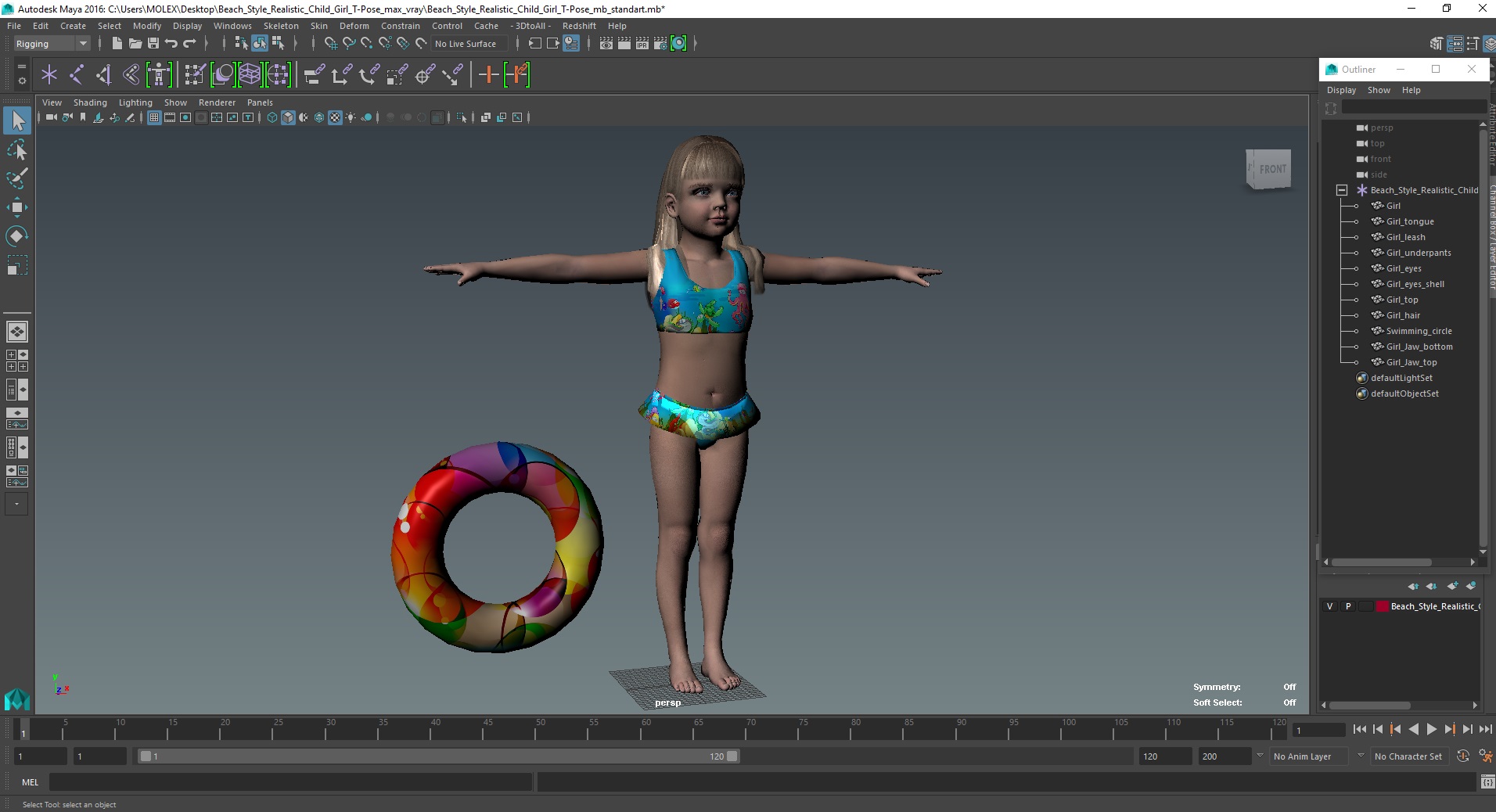 Beach Style Realistic Child Girl T-Pose 3D model