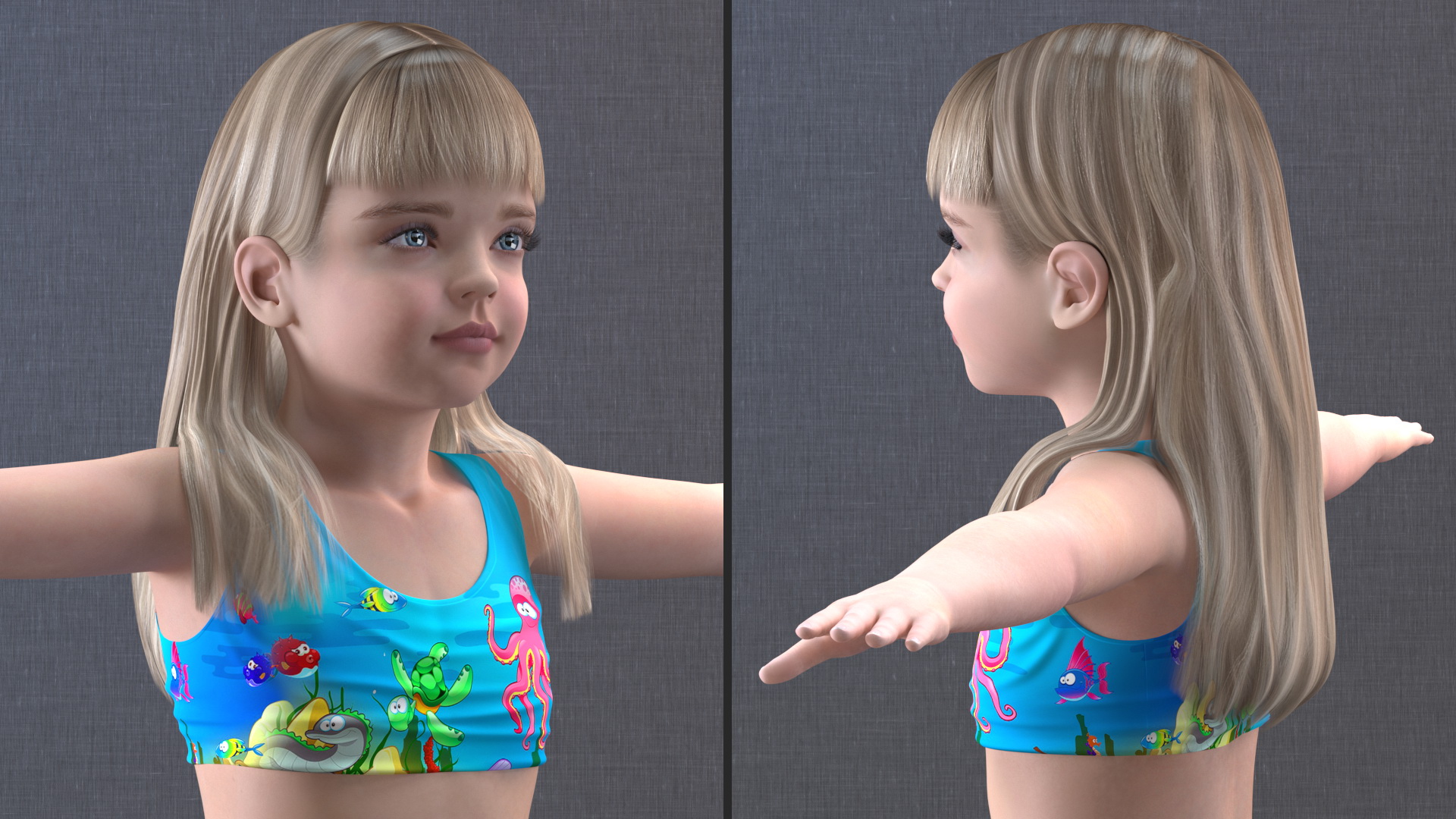 Beach Style Realistic Child Girl T-Pose 3D model