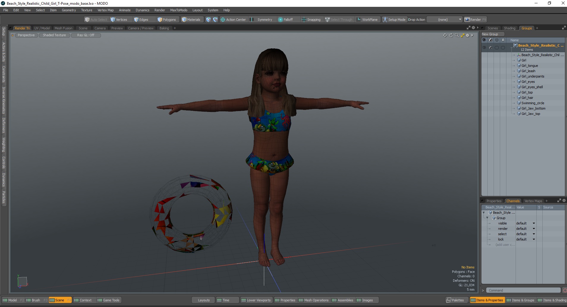 Beach Style Realistic Child Girl T-Pose 3D model