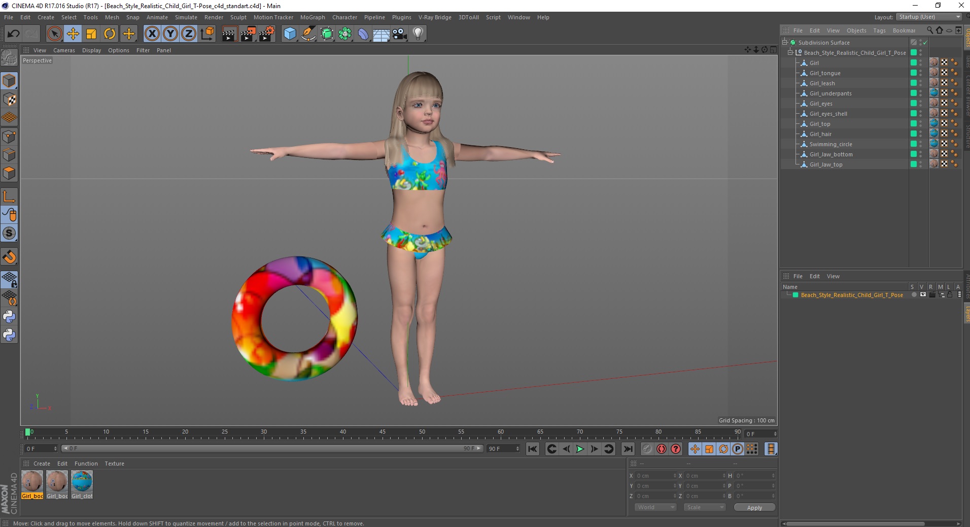 Beach Style Realistic Child Girl T-Pose 3D model