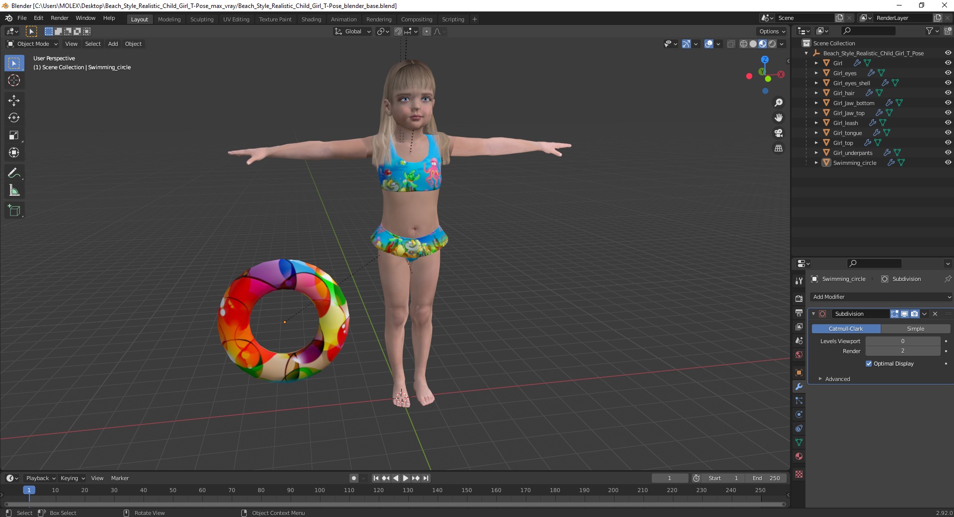 Beach Style Realistic Child Girl T-Pose 3D model