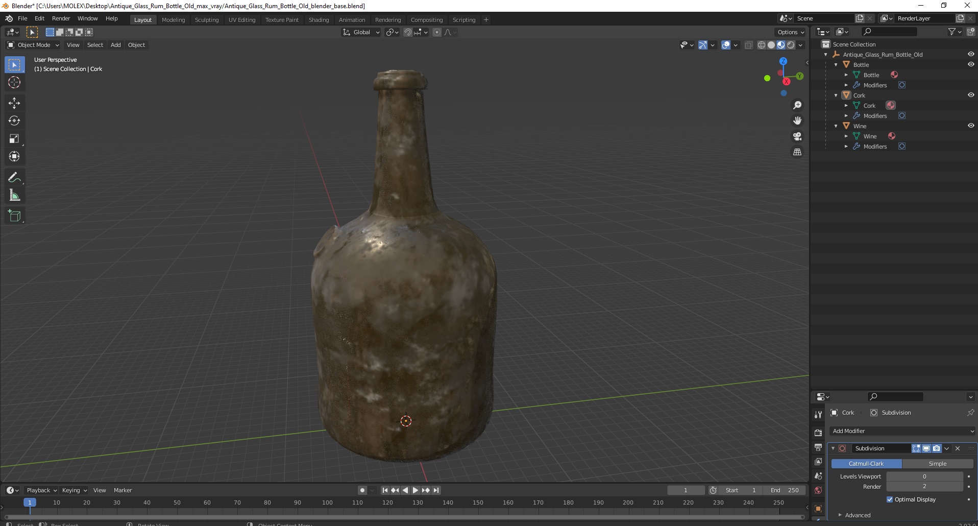 3D Antique Glass Rum Bottle Old model