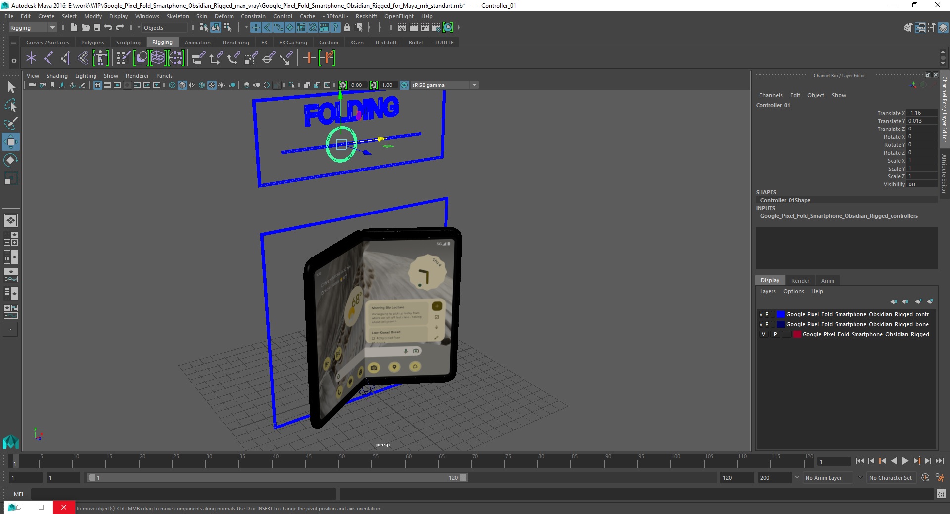 3D Google Pixel Fold Smartphone Obsidian Rigged for Maya model