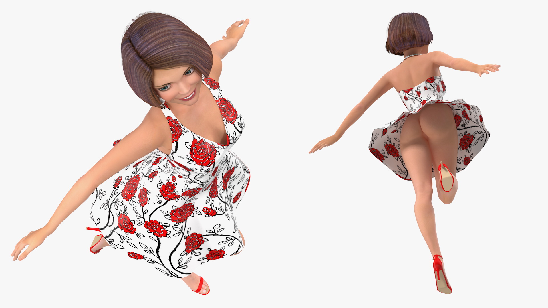 Cartoon Young Girl Romantic Dress Standing Pose 3D
