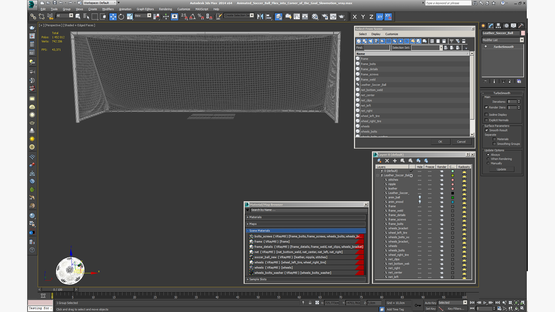 3D model Animated Soccer Ball Flies into Corner of the Goal