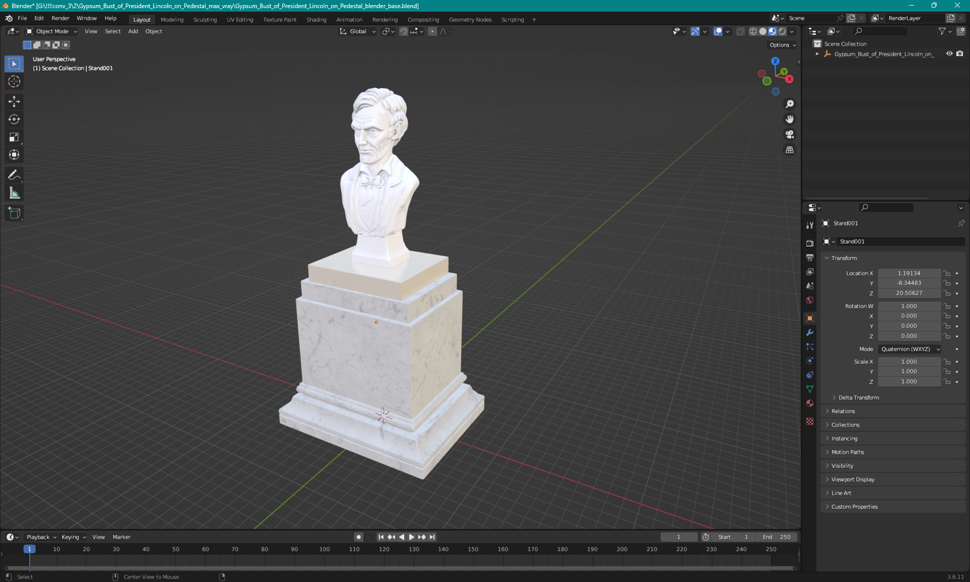 Gypsum Bust of President Lincoln on Pedestal 3D model
