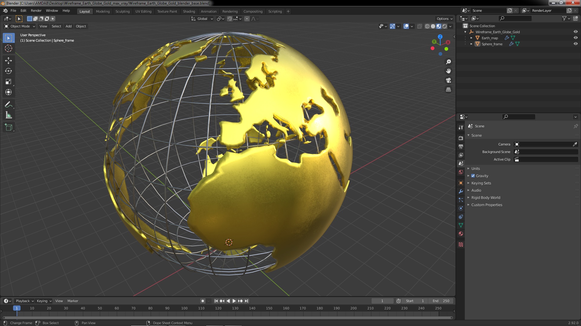 3D Wireframe Earth Globe Gold