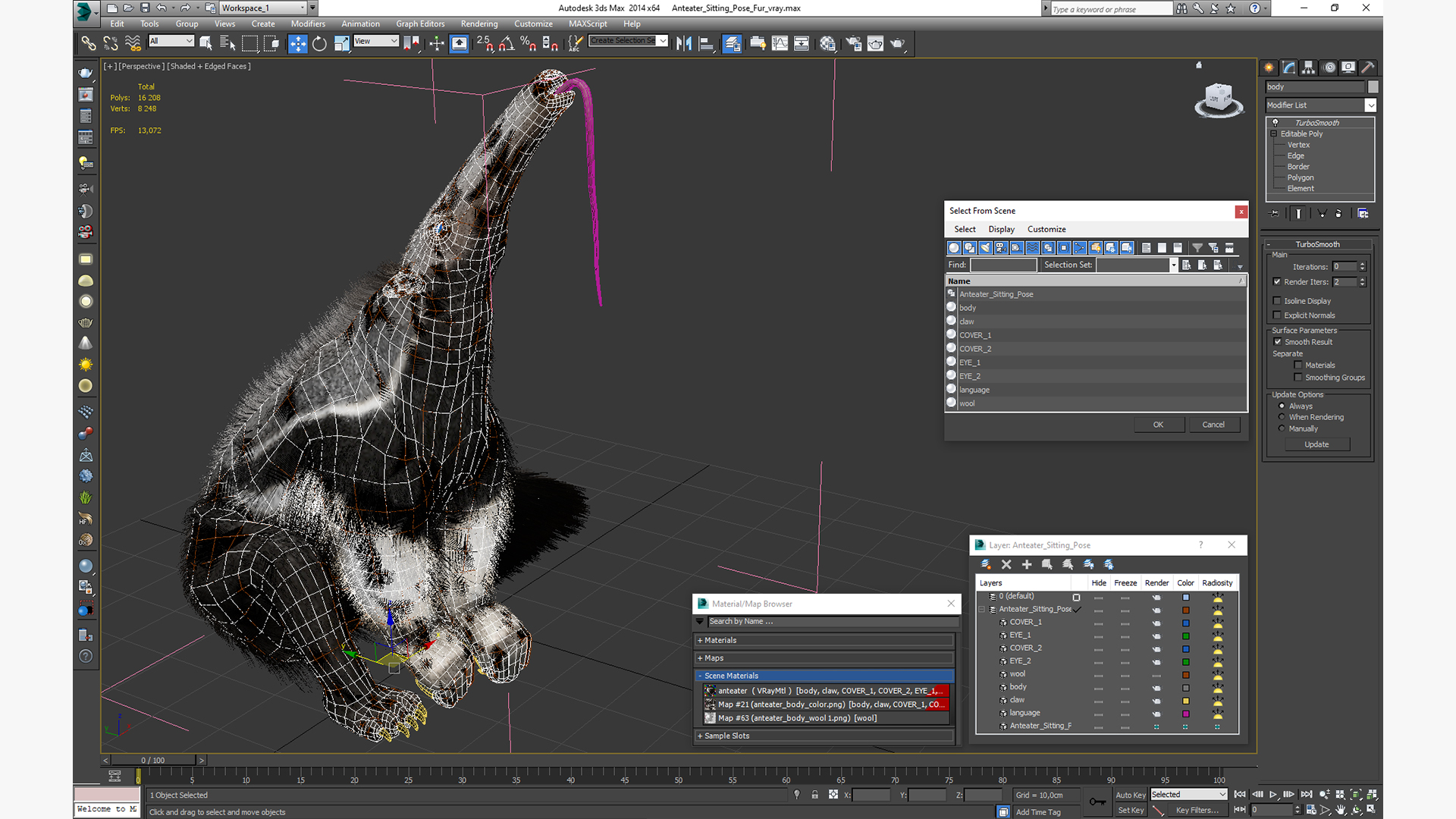3D model Anteater Sitting Pose Fur