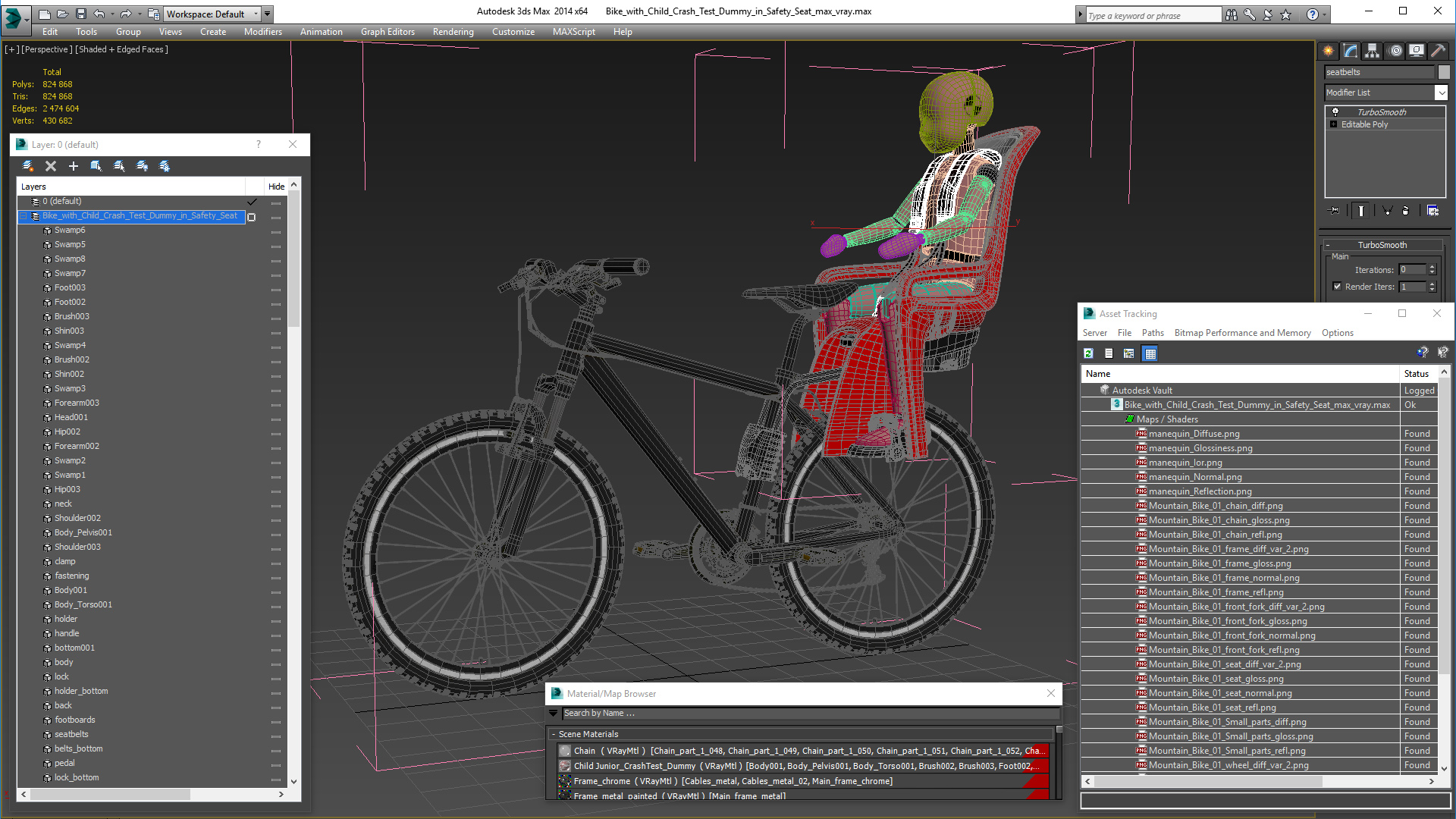 Bike with Child Crash Test Dummy in Safety Seat 3D