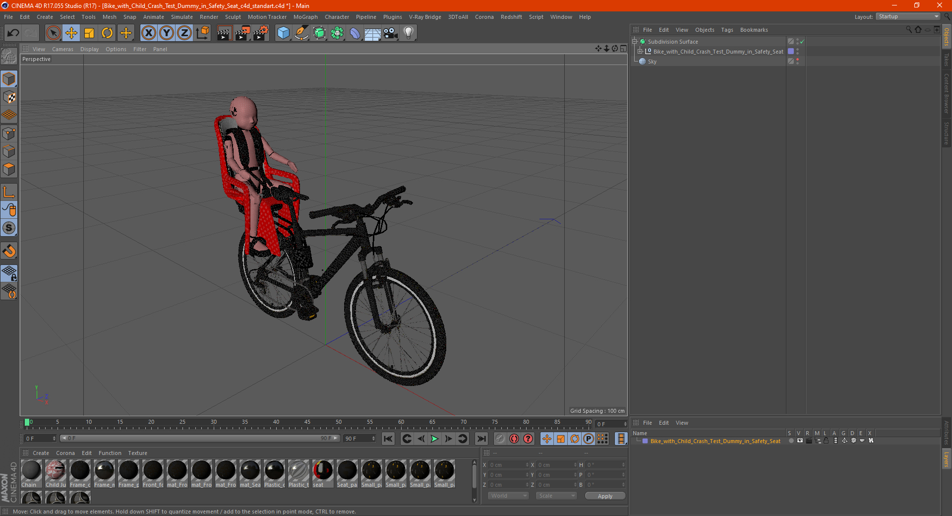 Bike with Child Crash Test Dummy in Safety Seat 3D