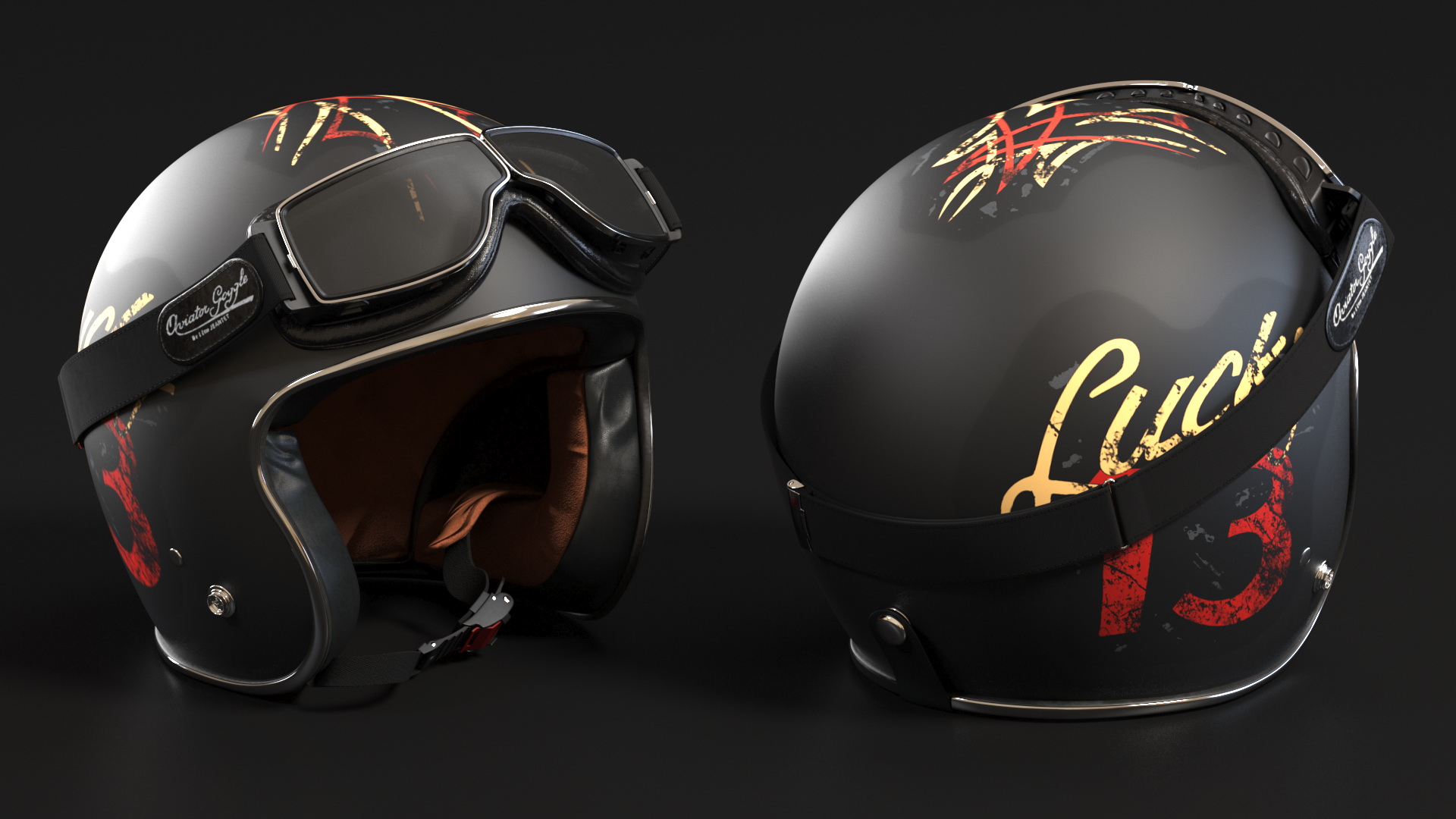 Vintage Motorcycle Helmet Lucky 13 with Goggles 3D