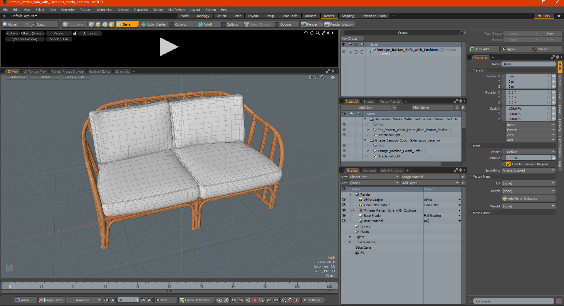 3D Vintage Rattan Sofa with Cushions model