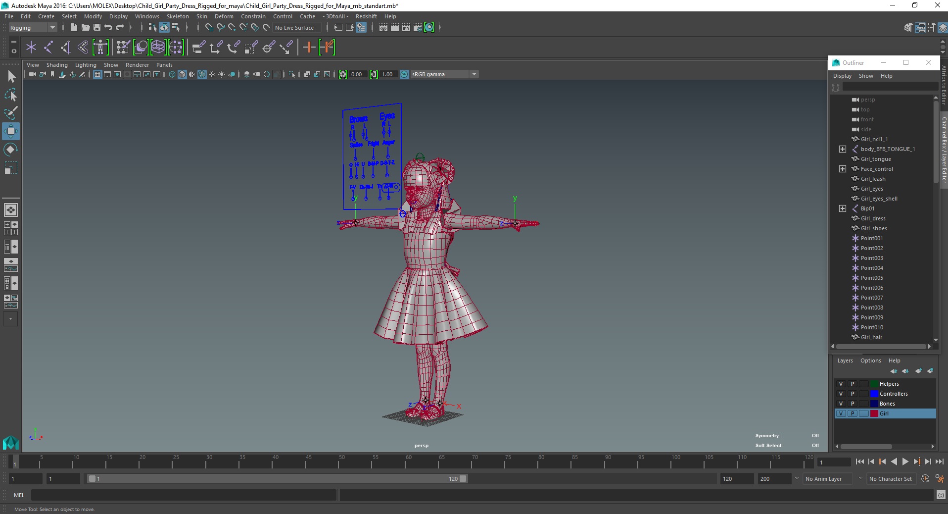 3D Child Girl Party Dress Rigged for Maya model