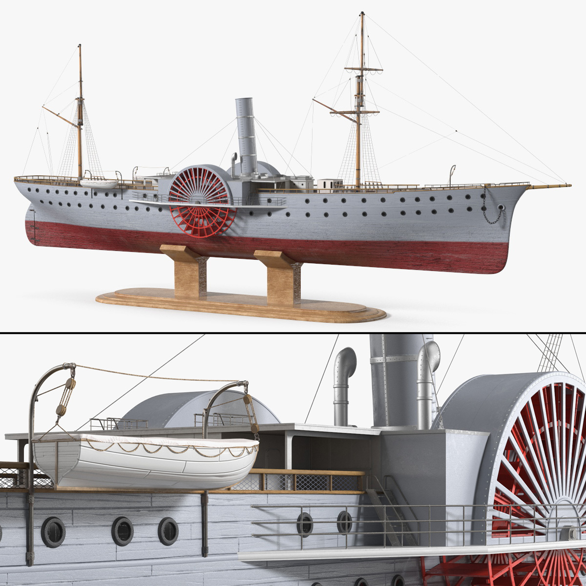 Vintage Mini Steam Ship Replica on Stand 3D model preview