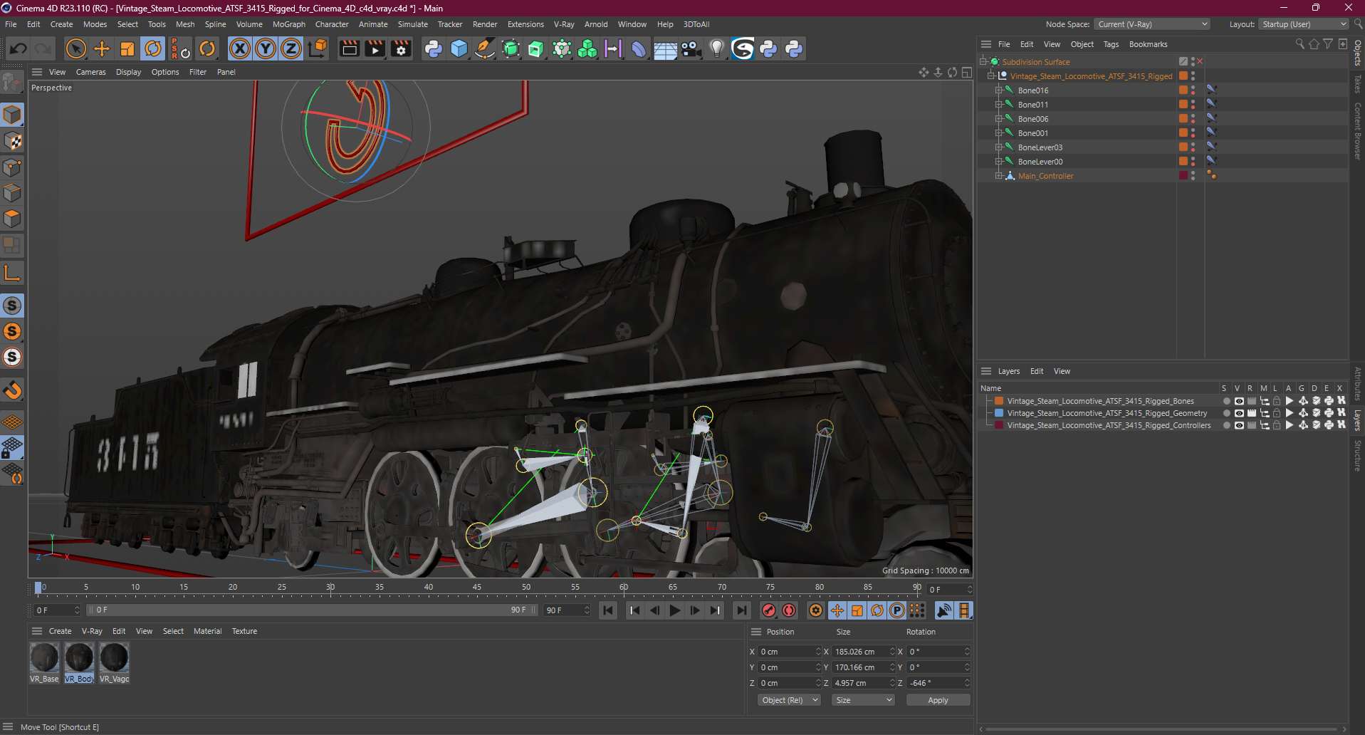 3D model Vintage Steam Locomotive ATSF 3415 Rigged for Cinema 4D