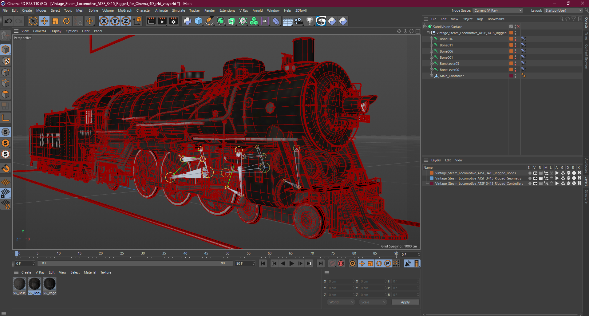 3D model Vintage Steam Locomotive ATSF 3415 Rigged for Cinema 4D