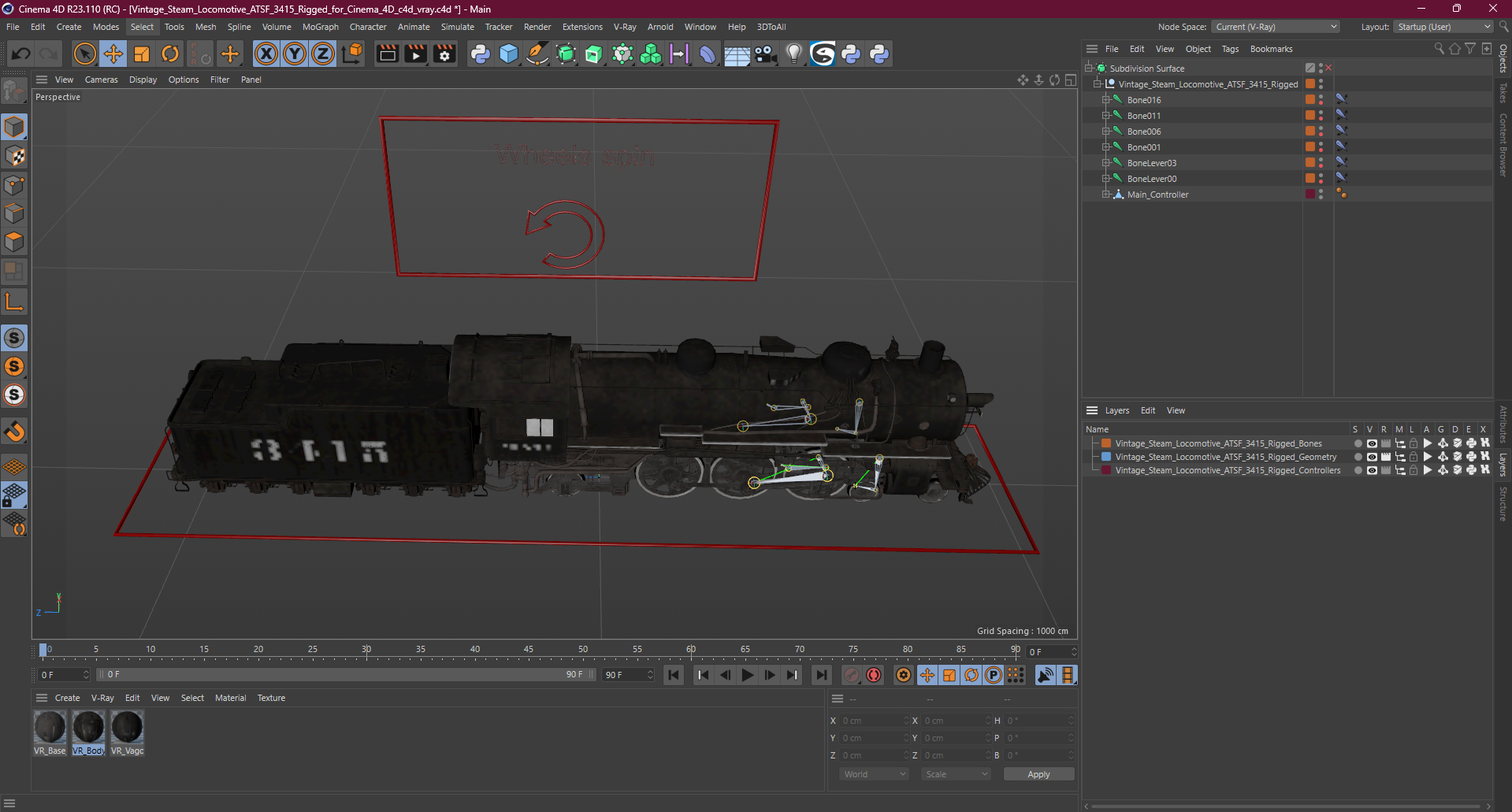3D model Vintage Steam Locomotive ATSF 3415 Rigged for Cinema 4D