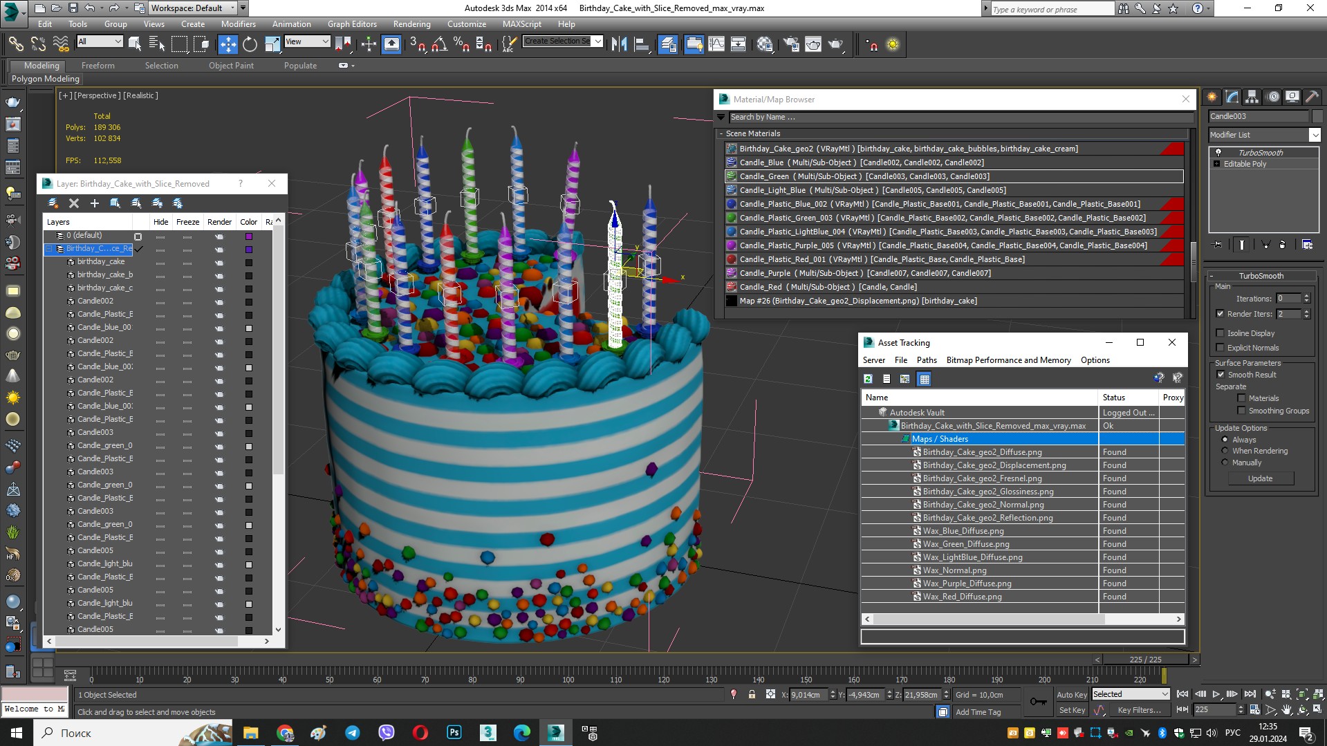 Birthday Cake with Slice Removed 3D