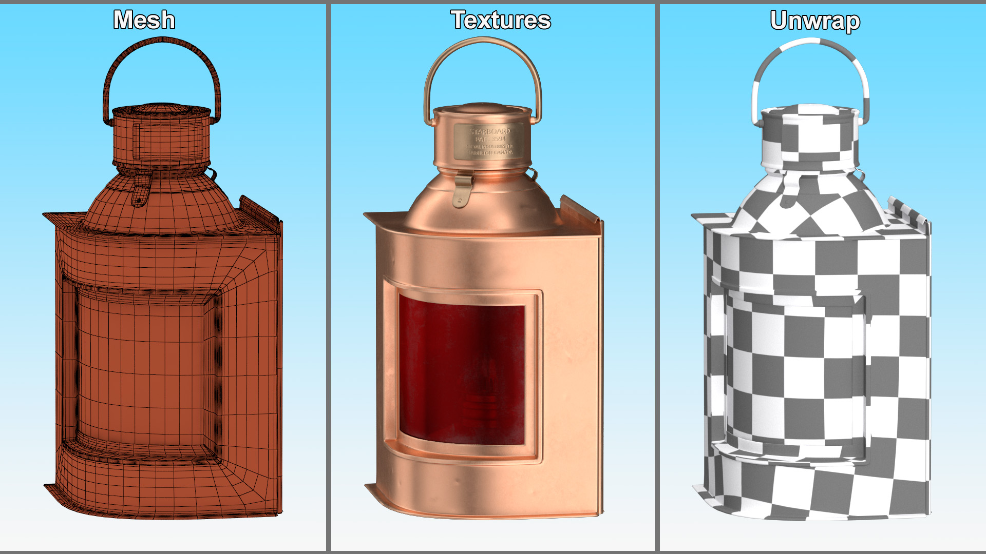 Antique Copper Ship Lantern with Red Glass 3D