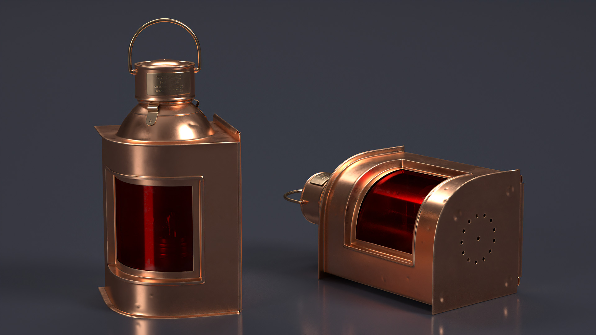 Antique Copper Ship Lantern with Red Glass 3D