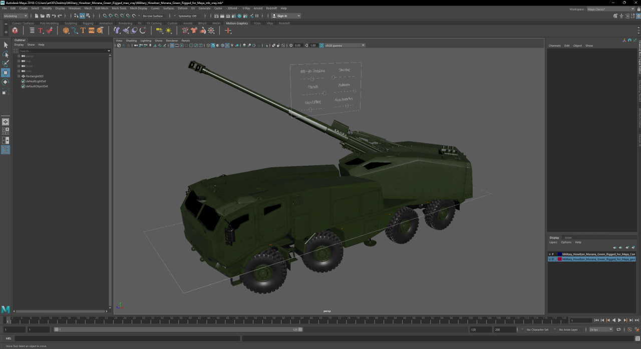 3D Military Howitzer Morana Green Rigged for Maya