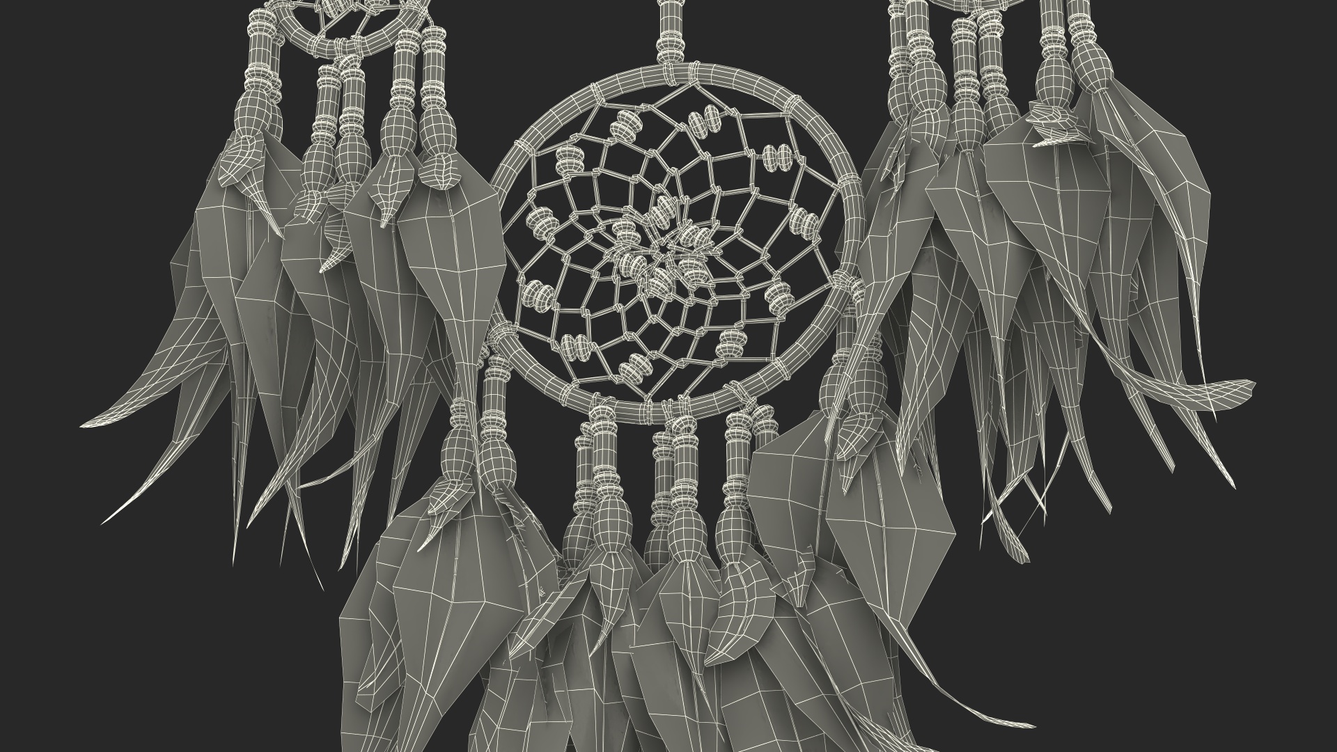 Dreamcatcher with Feathers and Beads Four Rings 3D