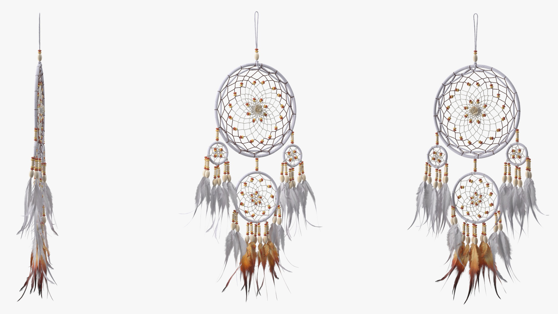 Dreamcatcher with Feathers and Beads Four Rings 3D