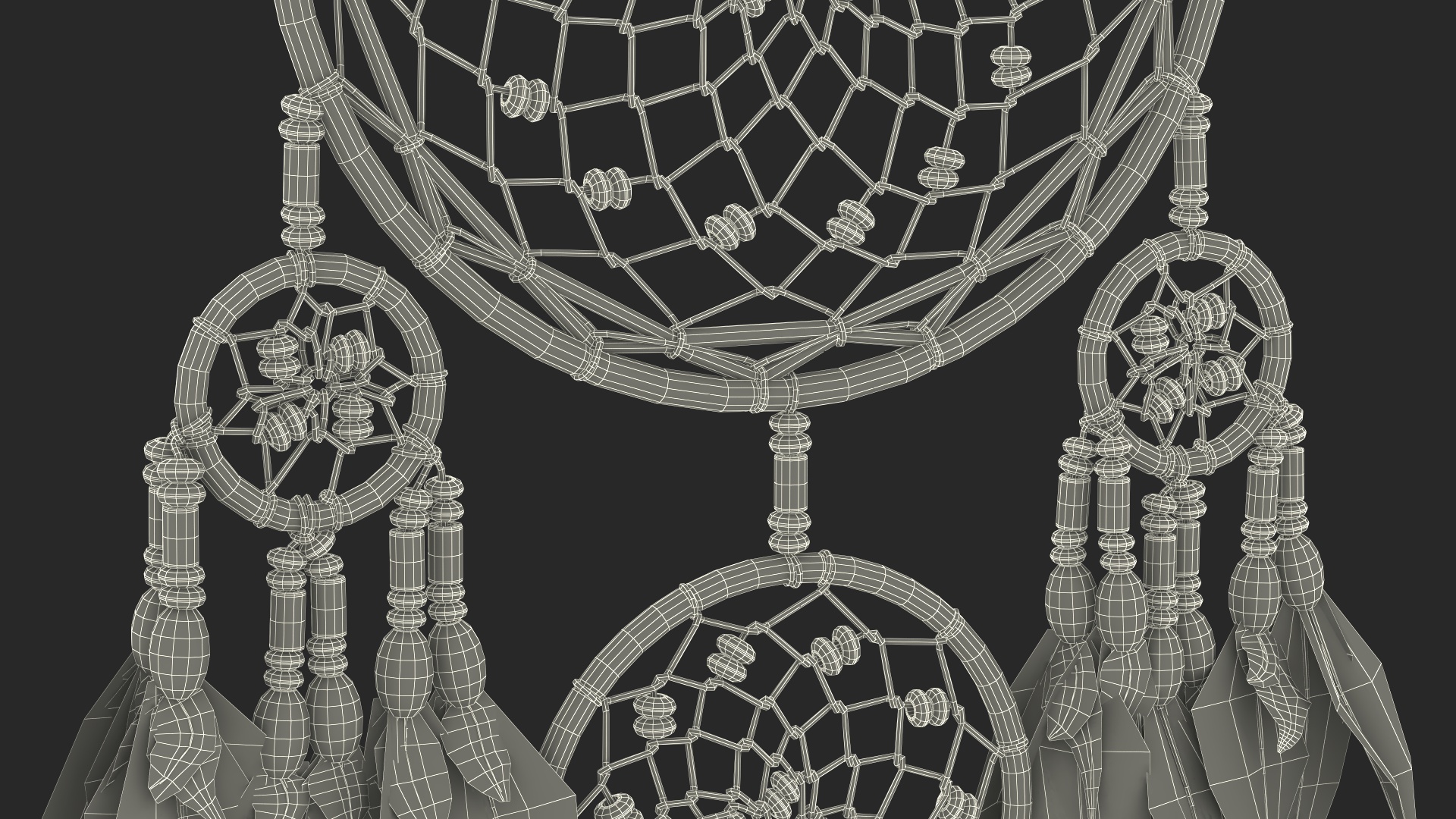 Dreamcatcher with Feathers and Beads Four Rings 3D