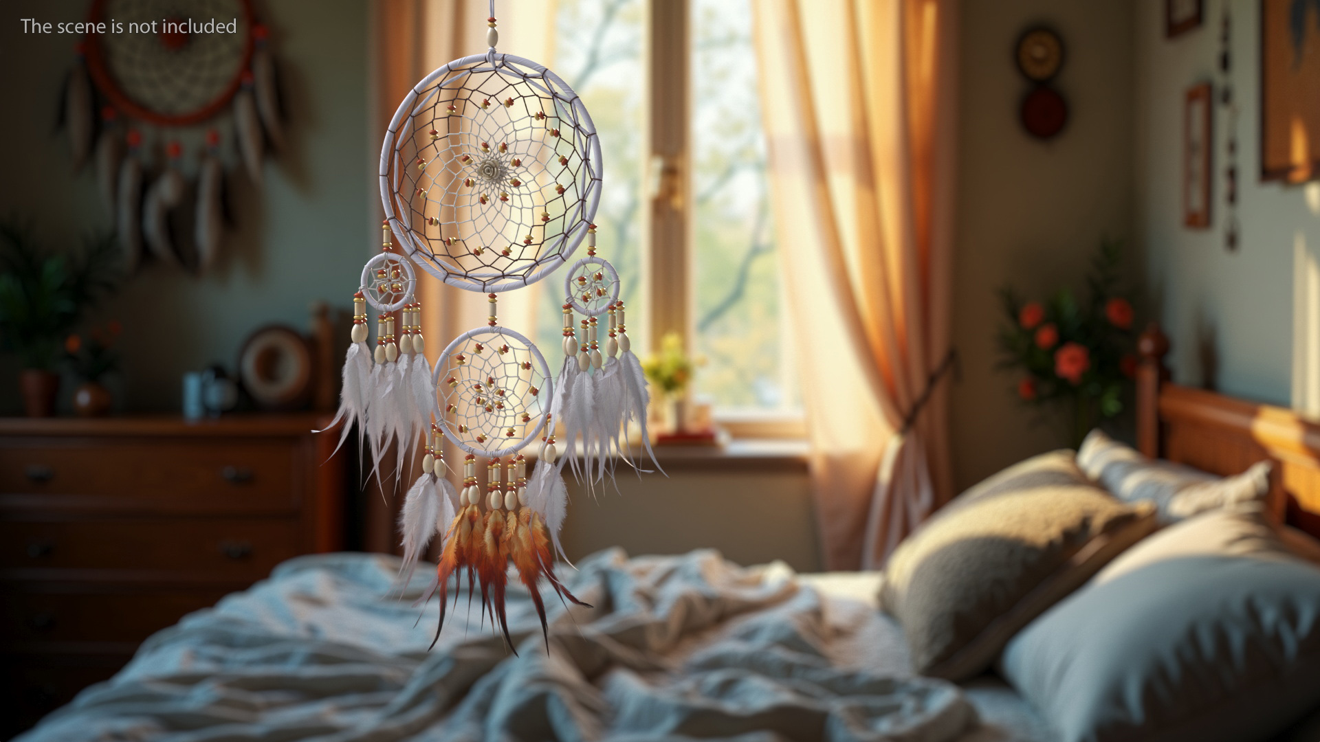 Dreamcatcher with Feathers and Beads Four Rings 3D