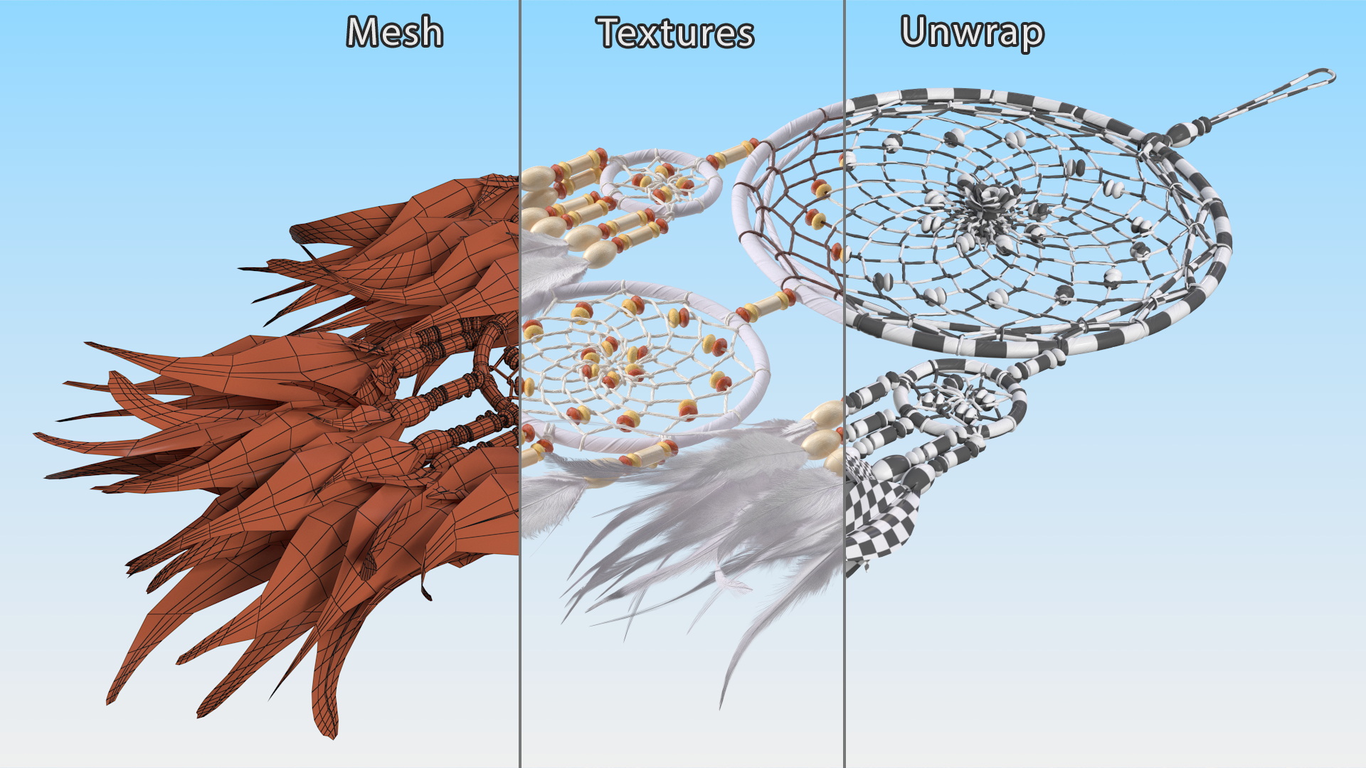 Dreamcatcher with Feathers and Beads Four Rings 3D