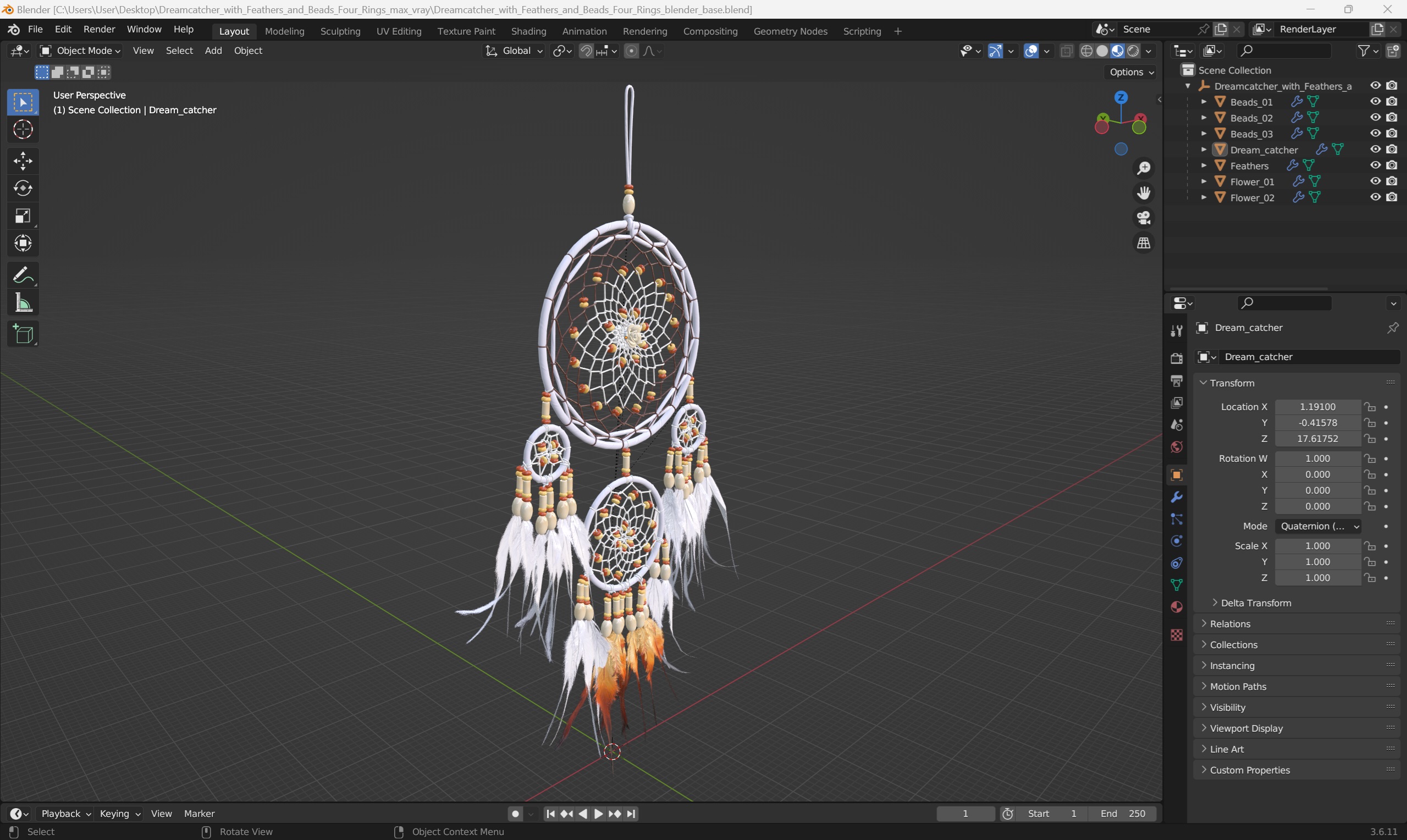 Dreamcatcher with Feathers and Beads Four Rings 3D