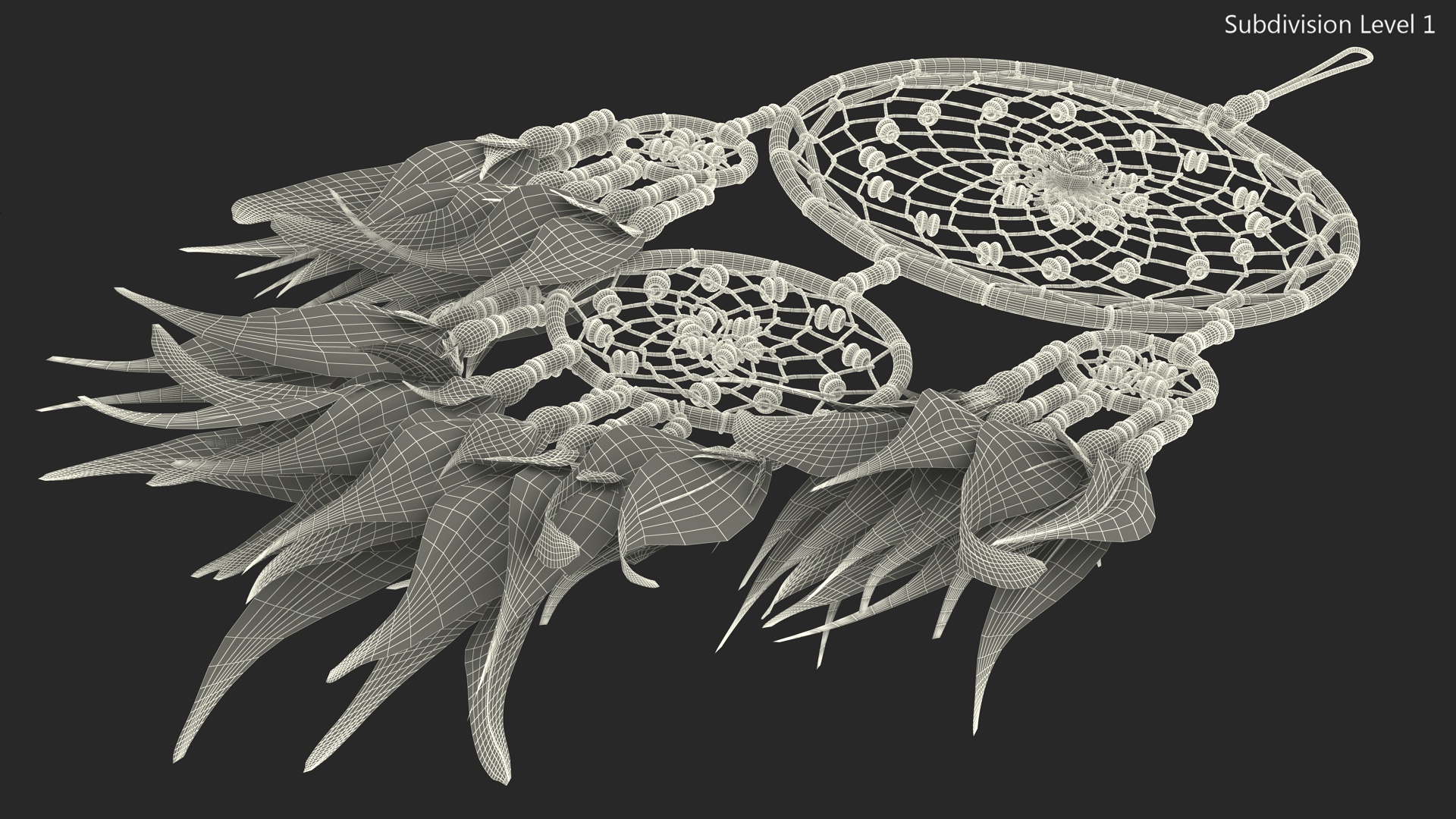 Dreamcatcher with Feathers and Beads Four Rings 3D