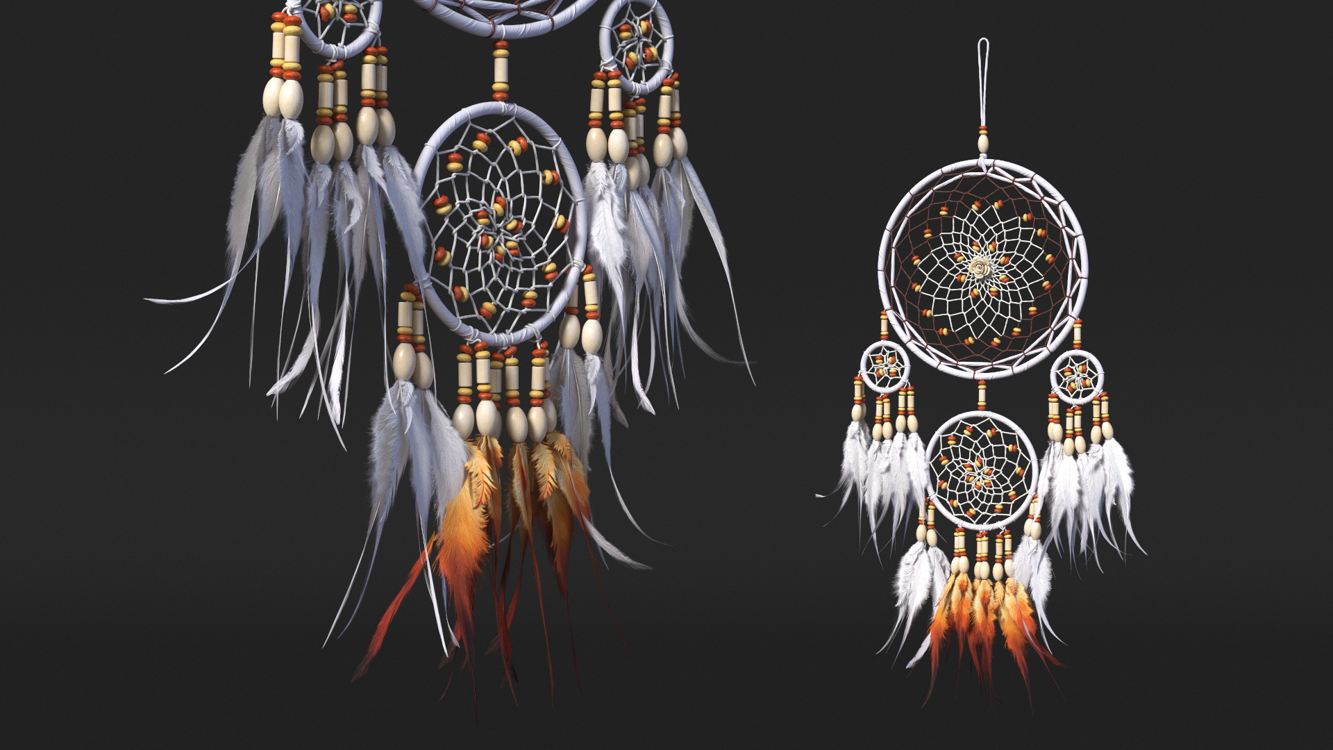 Dreamcatcher with Feathers and Beads Four Rings 3D