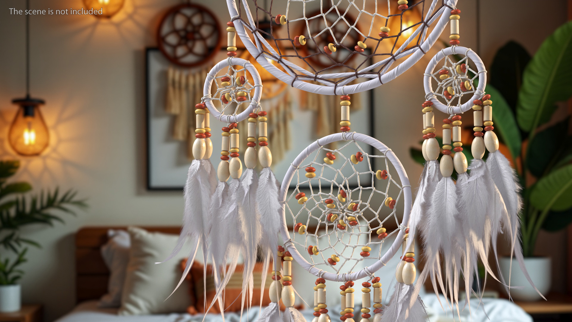 Dreamcatcher with Feathers and Beads Four Rings 3D
