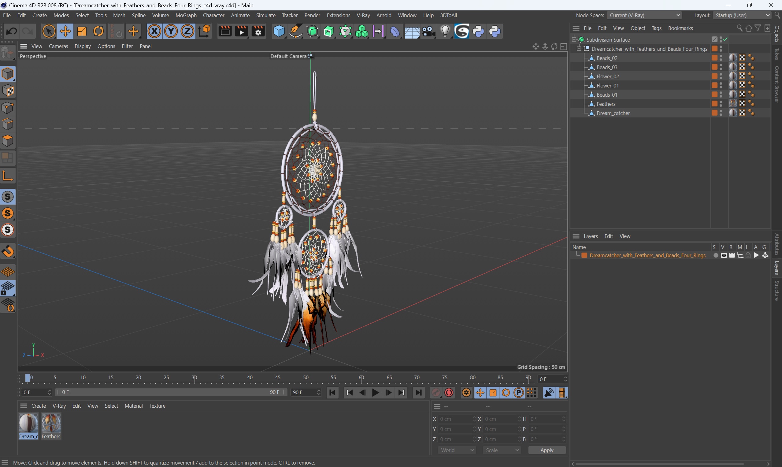 Dreamcatcher with Feathers and Beads Four Rings 3D