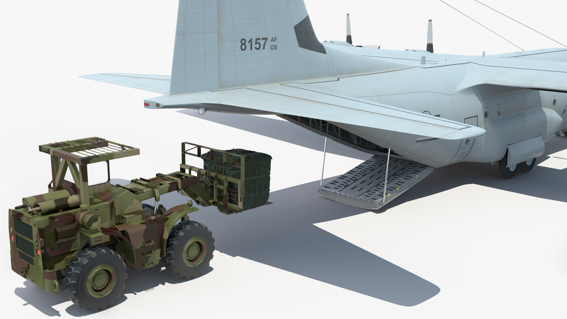 3D Forklift Loads Cargo to the Lockheed C 130 Hercules Rigged model