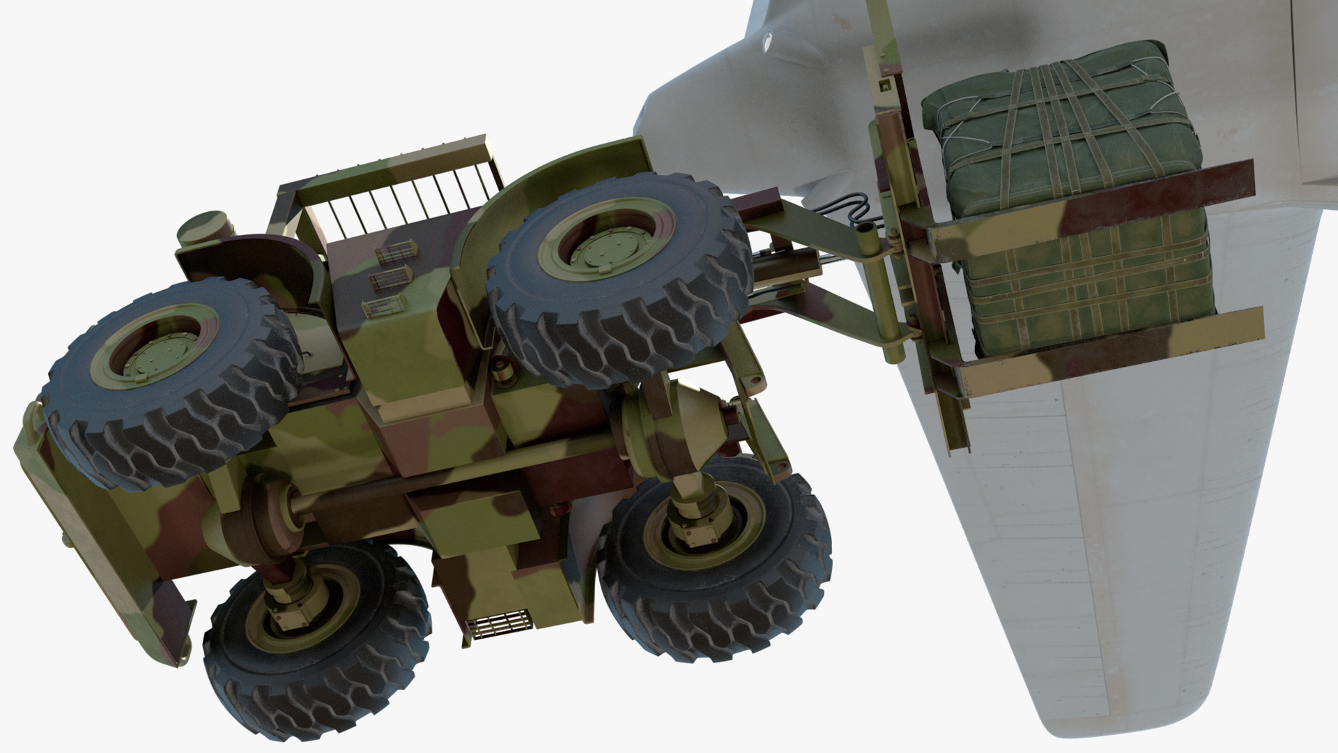 3D Forklift Loads Cargo to the Lockheed C 130 Hercules Rigged model