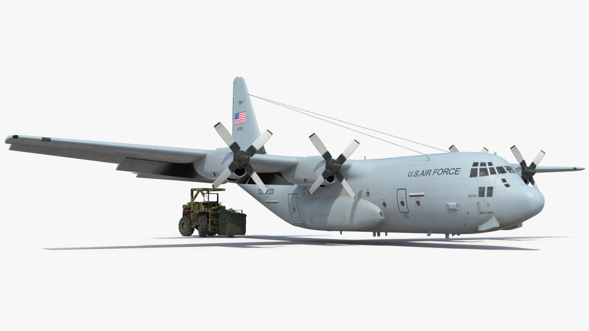 3D Forklift Loads Cargo to the Lockheed C 130 Hercules Rigged model