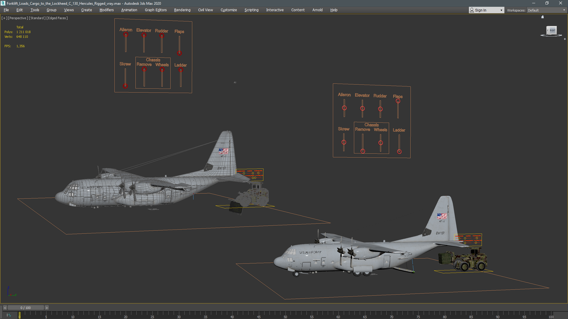 3D Forklift Loads Cargo to the Lockheed C 130 Hercules Rigged model