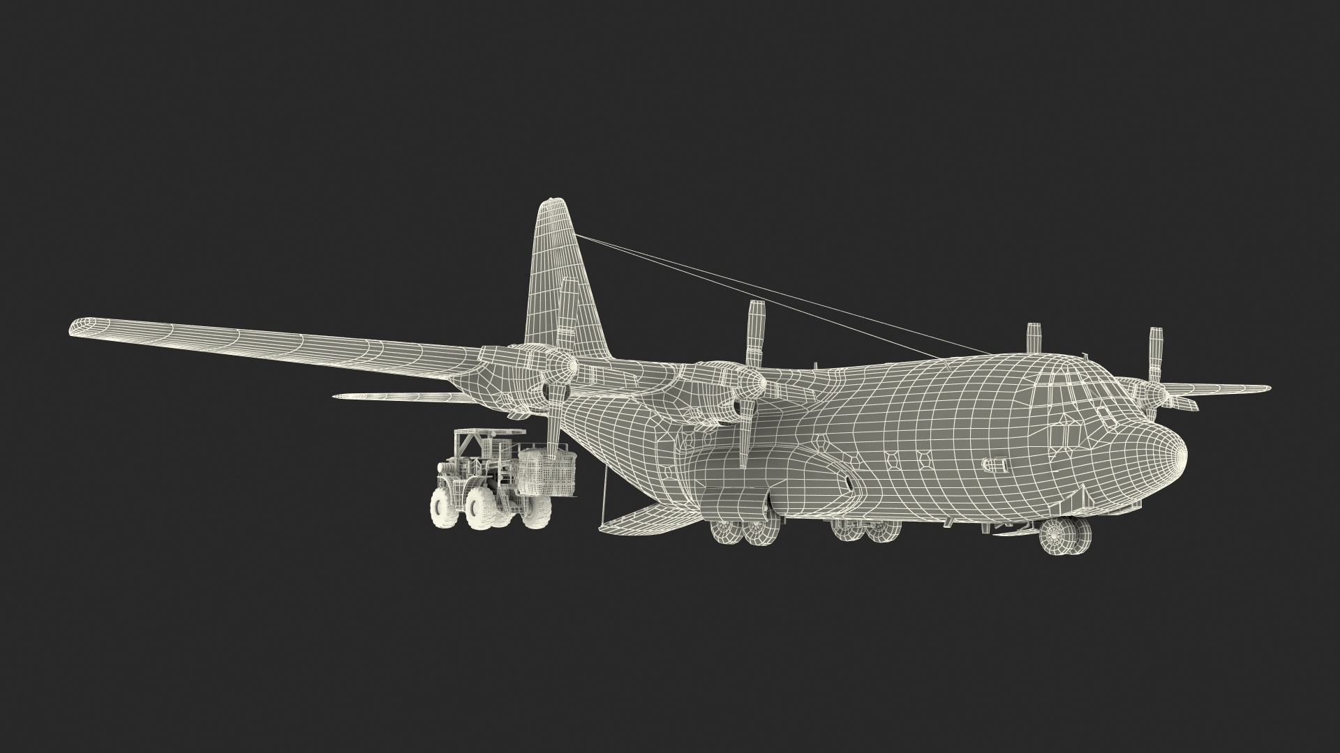 3D Forklift Loads Cargo to the Lockheed C 130 Hercules Rigged model
