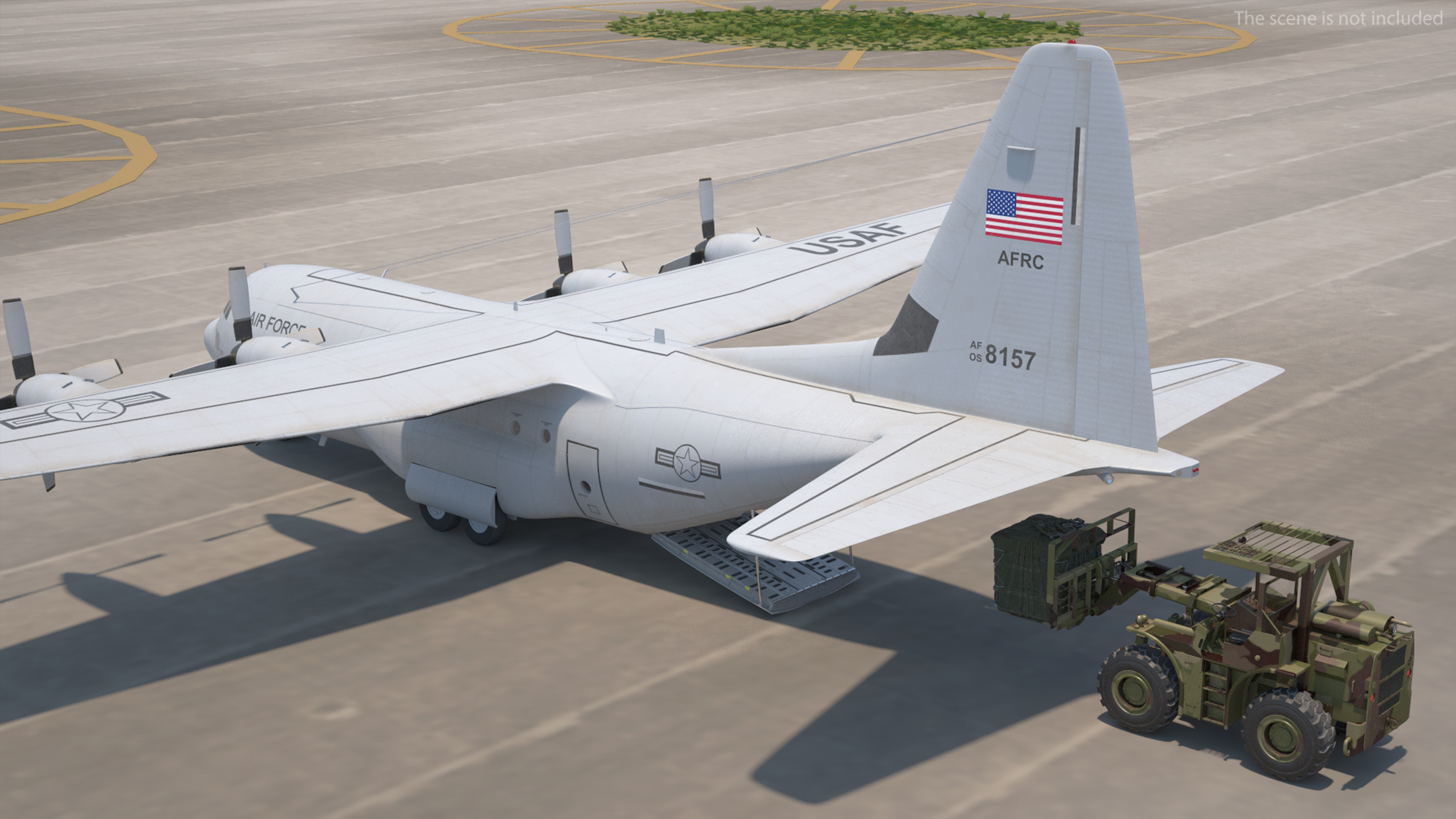 3D Forklift Loads Cargo to the Lockheed C 130 Hercules Rigged model