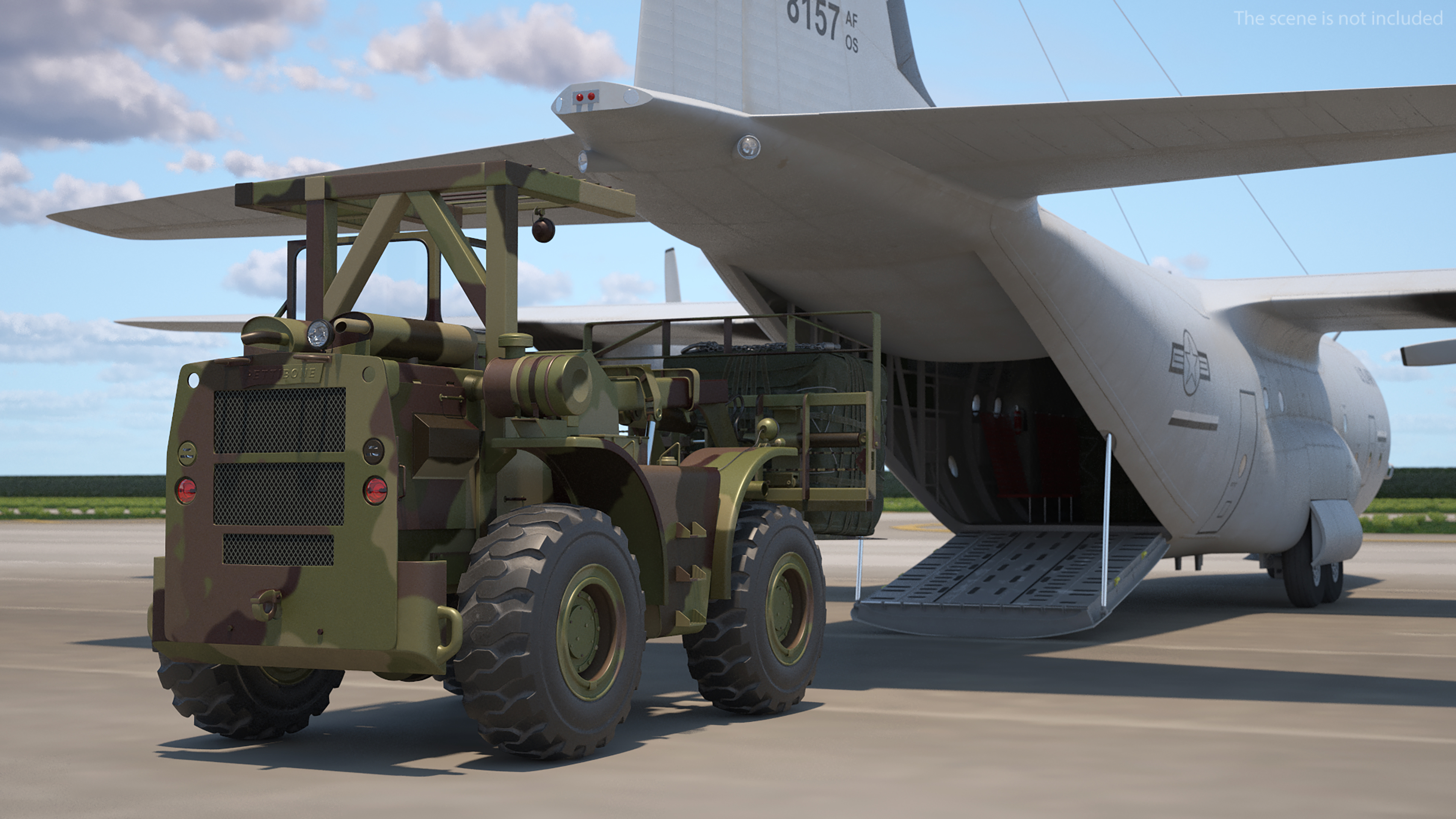 3D Forklift Loads Cargo to the Lockheed C 130 Hercules Rigged model