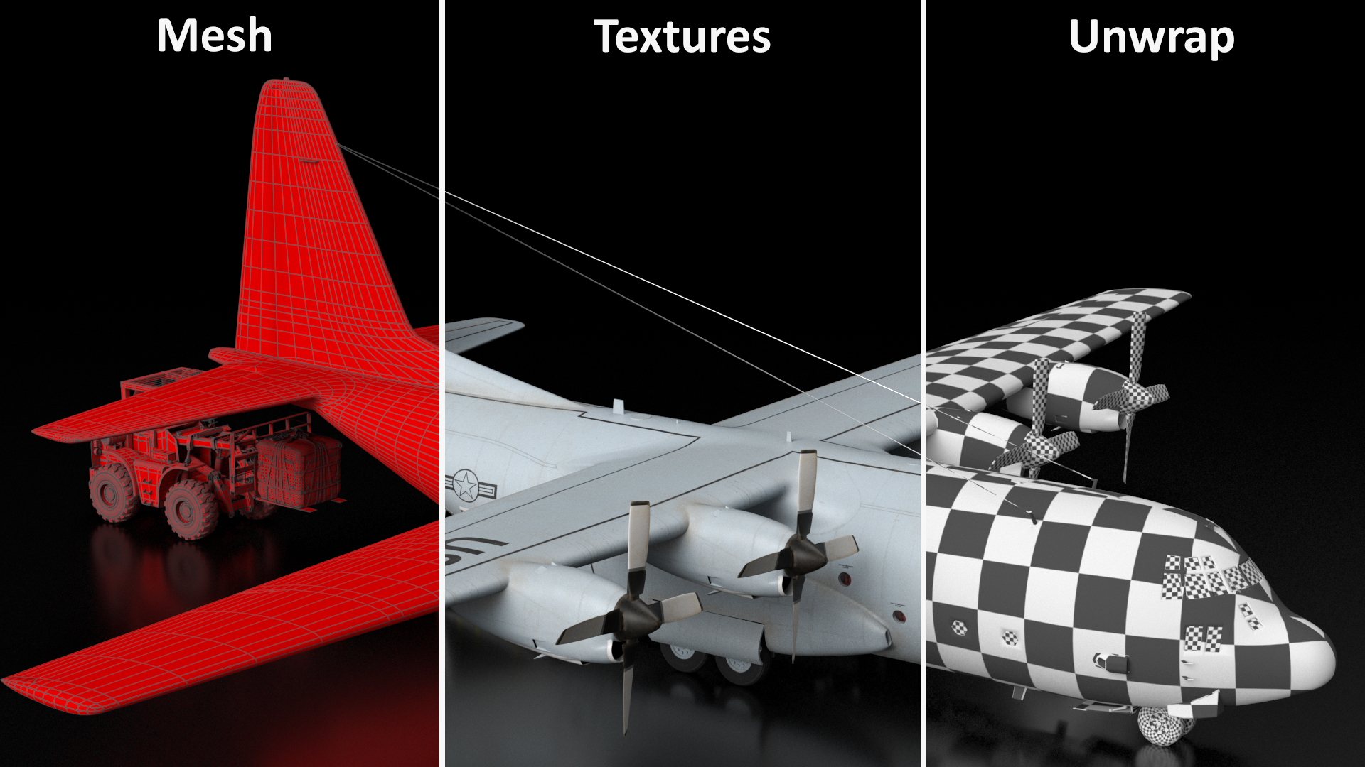 3D Forklift Loads Cargo to the Lockheed C 130 Hercules Rigged model